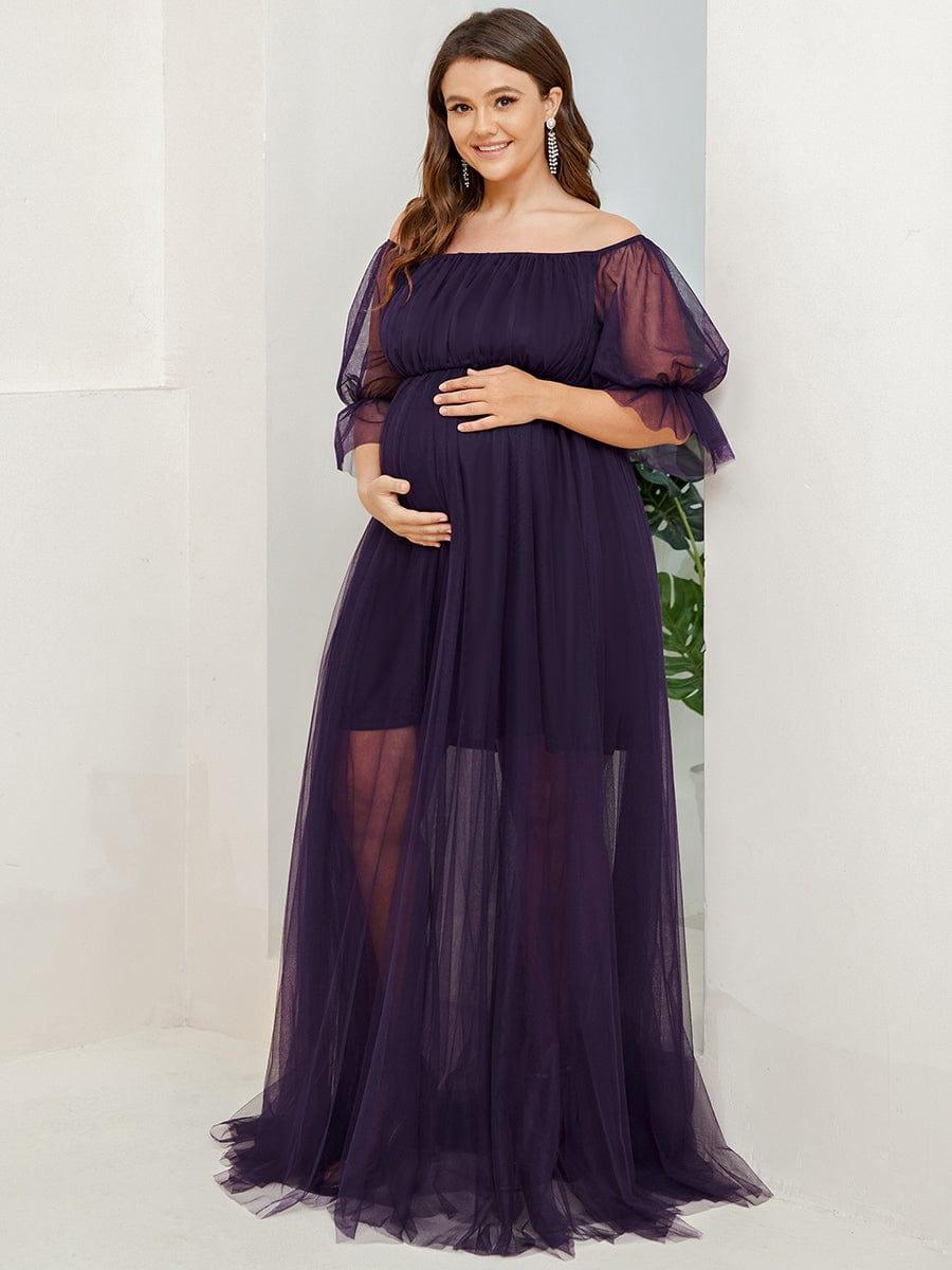 Plus Size Off the Shoulder Pleated Maxi Tulle Maternity Dress #color_Dark Purple
