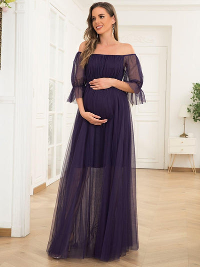 Off the Shoulder Pleated Tulle Maxi Maternity Dress #color_Dark Purple