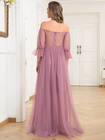 Off the Shoulder Pleated Tulle Maxi Maternity Dress #color_Purple Orchid