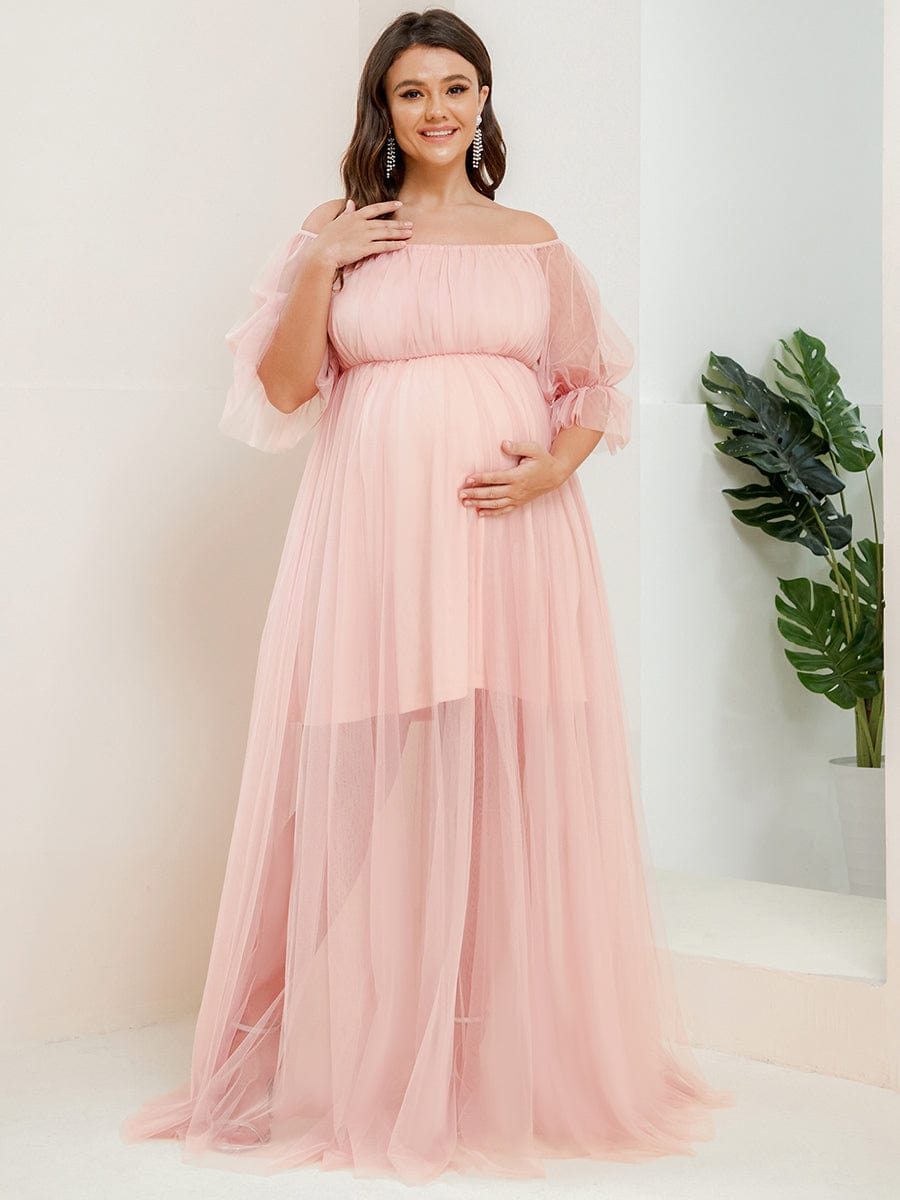 Plus Size Off the Shoulder Pleated Maxi Tulle Maternity Dress #color_Pink