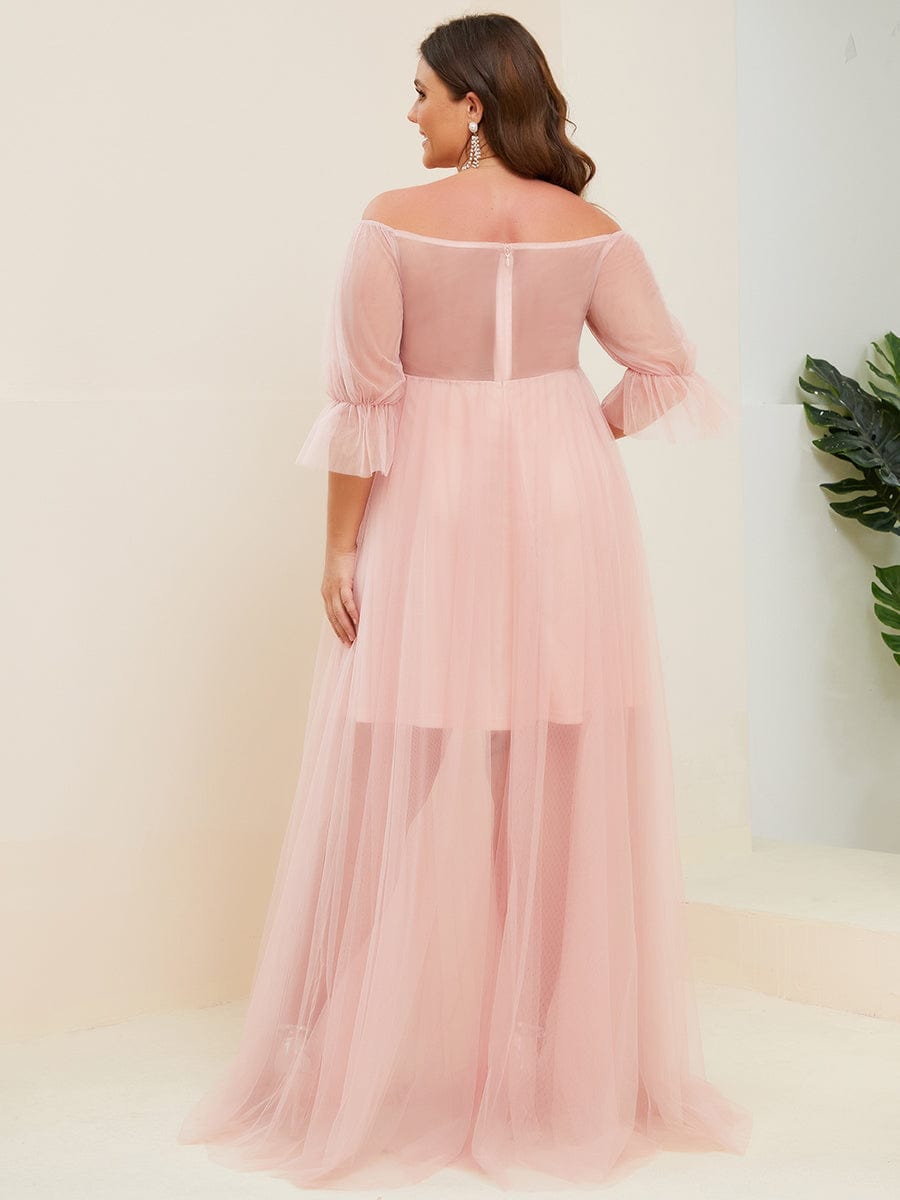 Plus Size Off the Shoulder Pleated Maxi Tulle Maternity Dress #color_Pink