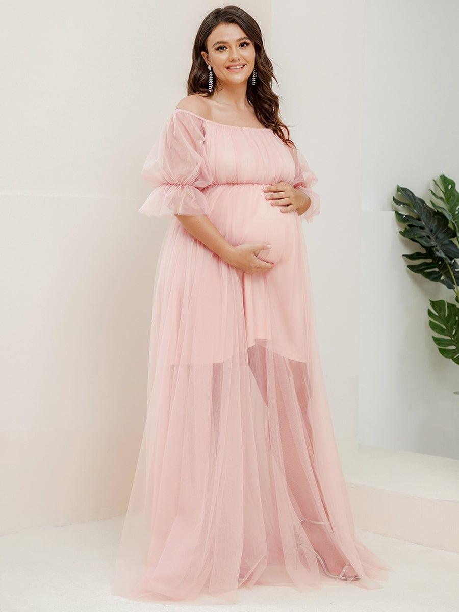 Plus Size Off the Shoulder Pleated Maxi Tulle Maternity Dress #color_Pink