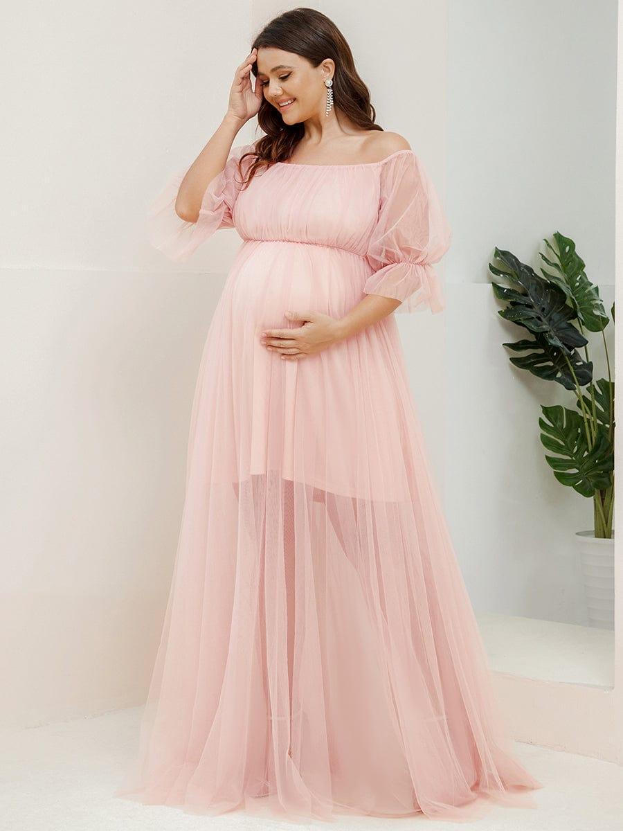 Plus Size Off the Shoulder Pleated Maxi Tulle Maternity Dress #color_Pink