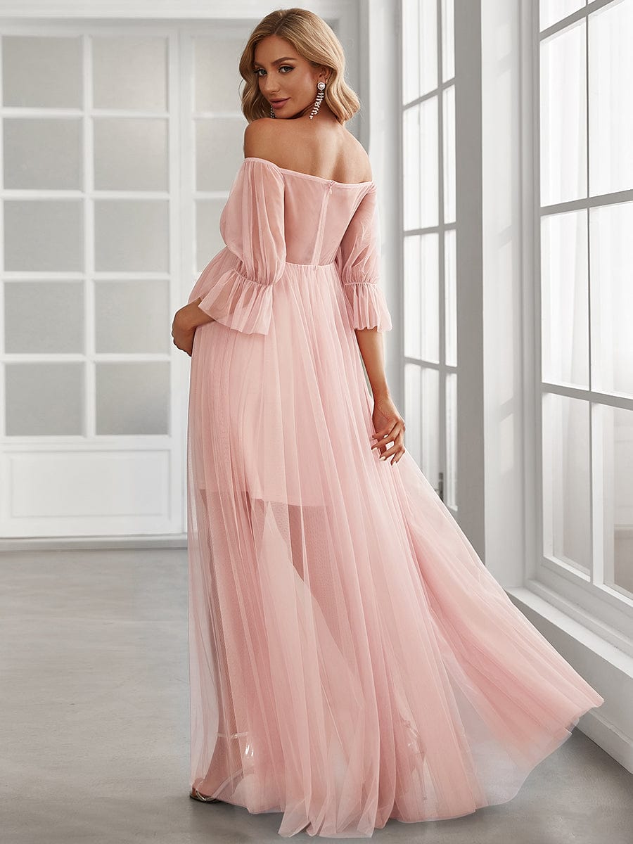 Off the Shoulder Pleated Tulle Maxi Maternity Wedding Guest Dress #color_Pink
