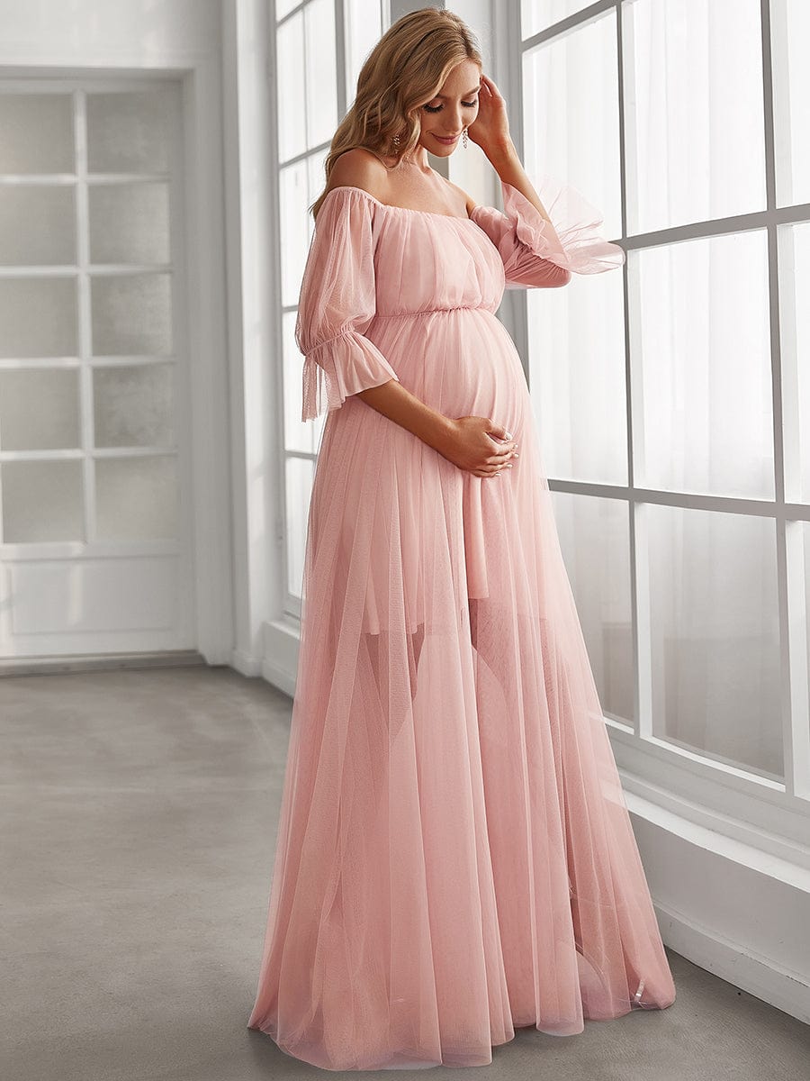 Off the Shoulder Pleated Tulle Maxi Maternity Wedding Guest Dress