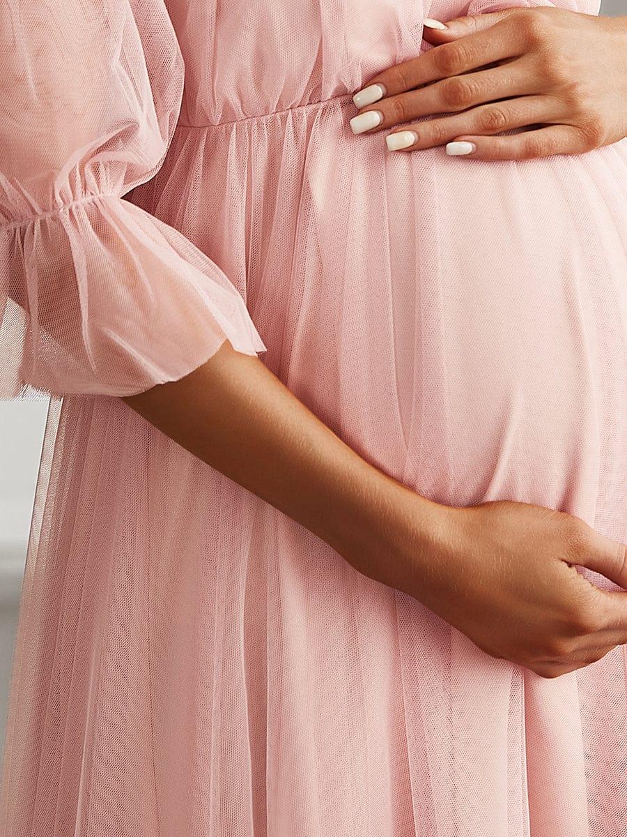 Off the Shoulder Pleated Tulle Maxi Maternity Dress #color_Pink