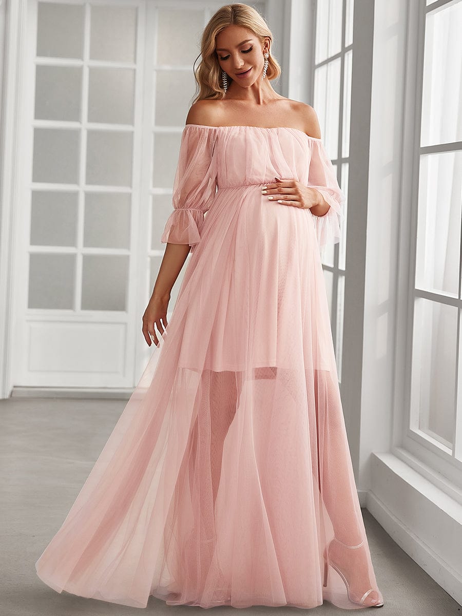 Off the Shoulder Pleated Tulle Maxi Maternity Dress #color_Pink