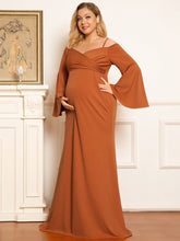 Plus Size Cold Shoulder Bell Sleeve Maxi Maternity Dress #color_Burnt Yellow