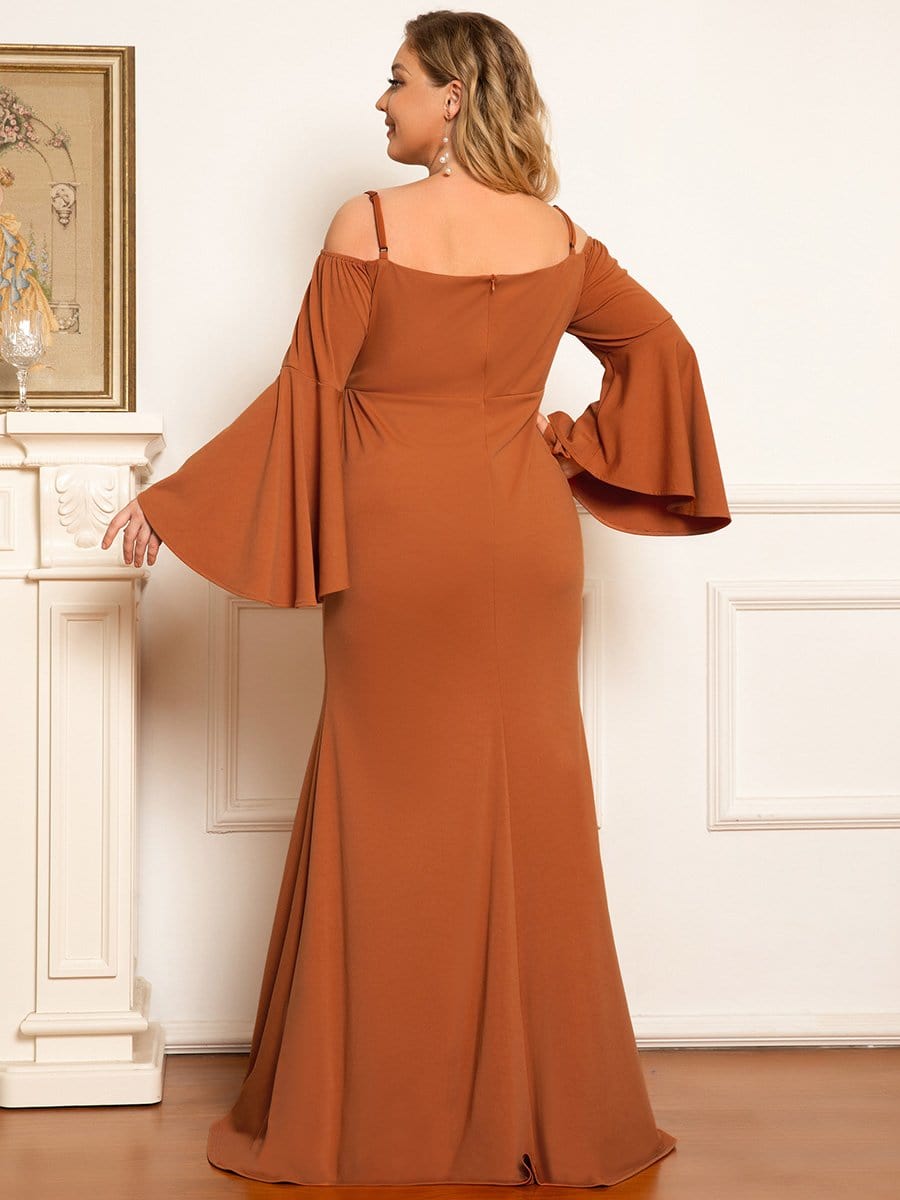Plus Size Cold Shoulder Bell Sleeve Maxi Maternity Dress #color_Burnt Yellow