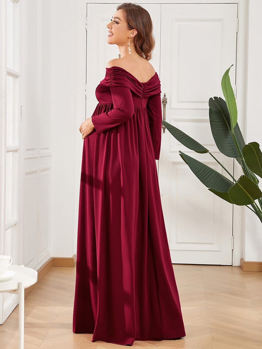 Long Sleeve Pleated Off Shoulder Maternity Dress #color_Burgundy