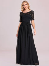 Women's Elegant Lace & Chiffon Maxi Evening Dress with Belt #color_Black