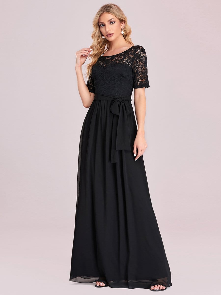 Women's Elegant Lace & Chiffon Maxi Evening Dress with Belt