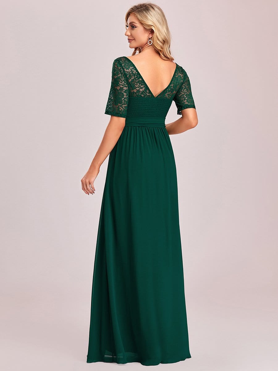 Women's Elegant Lace & Chiffon Maxi Evening Dress with Belt #color_Dark Green