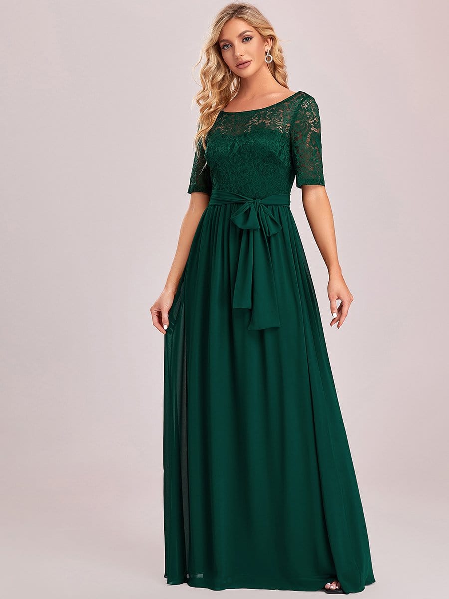 Women's Elegant Lace & Chiffon Maxi Evening Dress with Belt #color_Dark Green