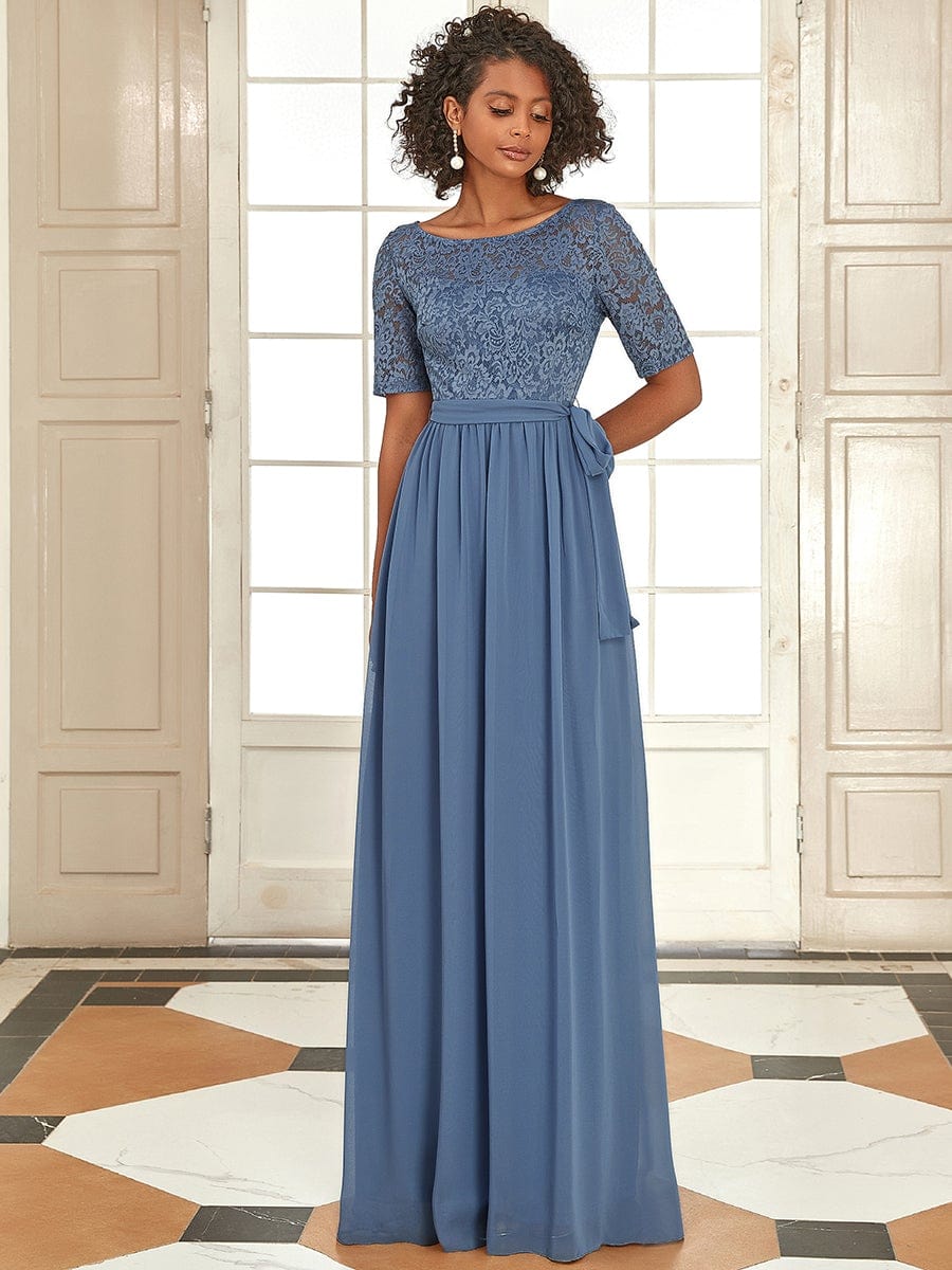 Elegant Short Sleeve Lace & Chiffon Floor Length Evening Dress #color_Dusty Navy