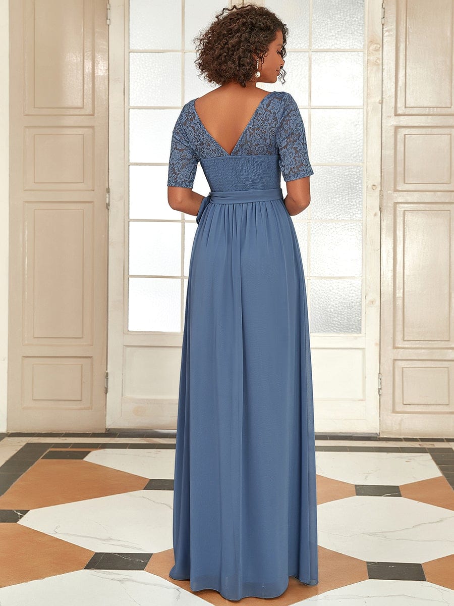 Elegant Short Sleeve Lace & Chiffon Floor Length Evening Dress #color_Dusty Navy