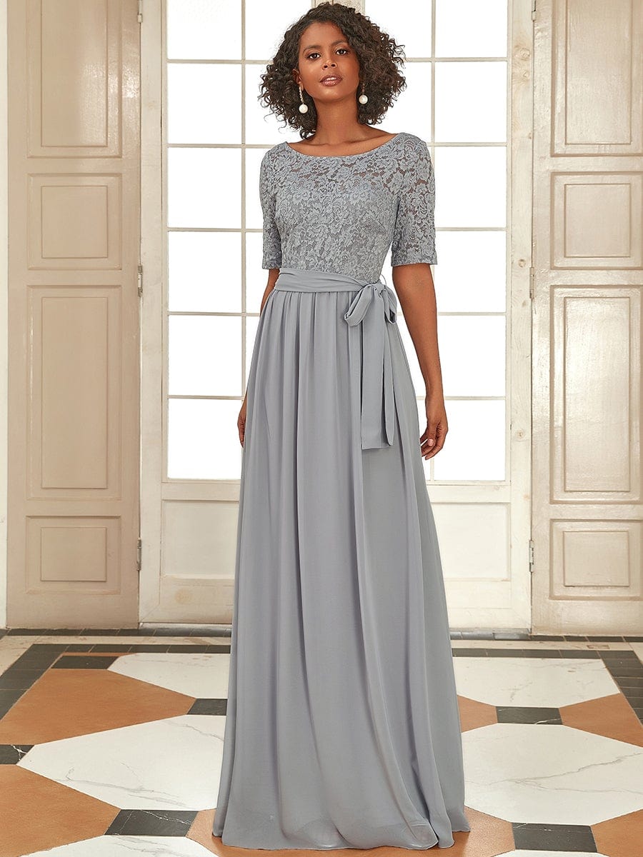 Women's Elegant Lace & Chiffon Maxi Evening Dress with Belt #color_Grey