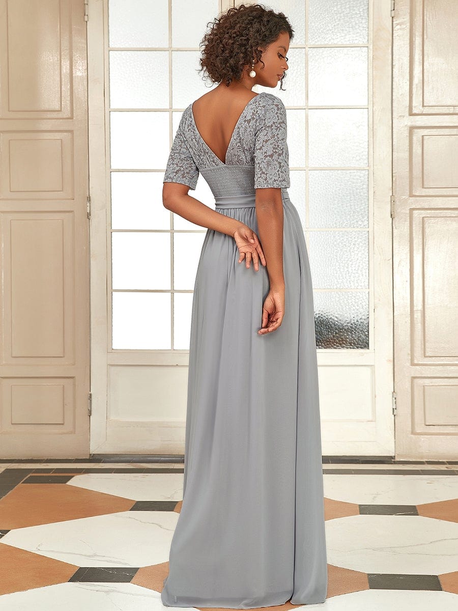 Women's Elegant Lace & Chiffon Maxi Evening Dress with Belt #color_Grey