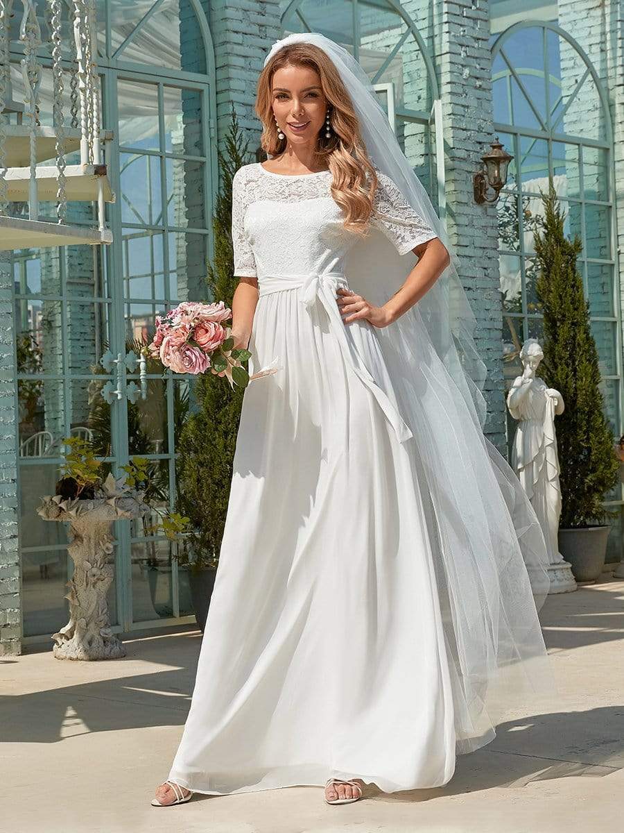 Simple Half Sleeves Chiffon Wedding Dress with Belt
