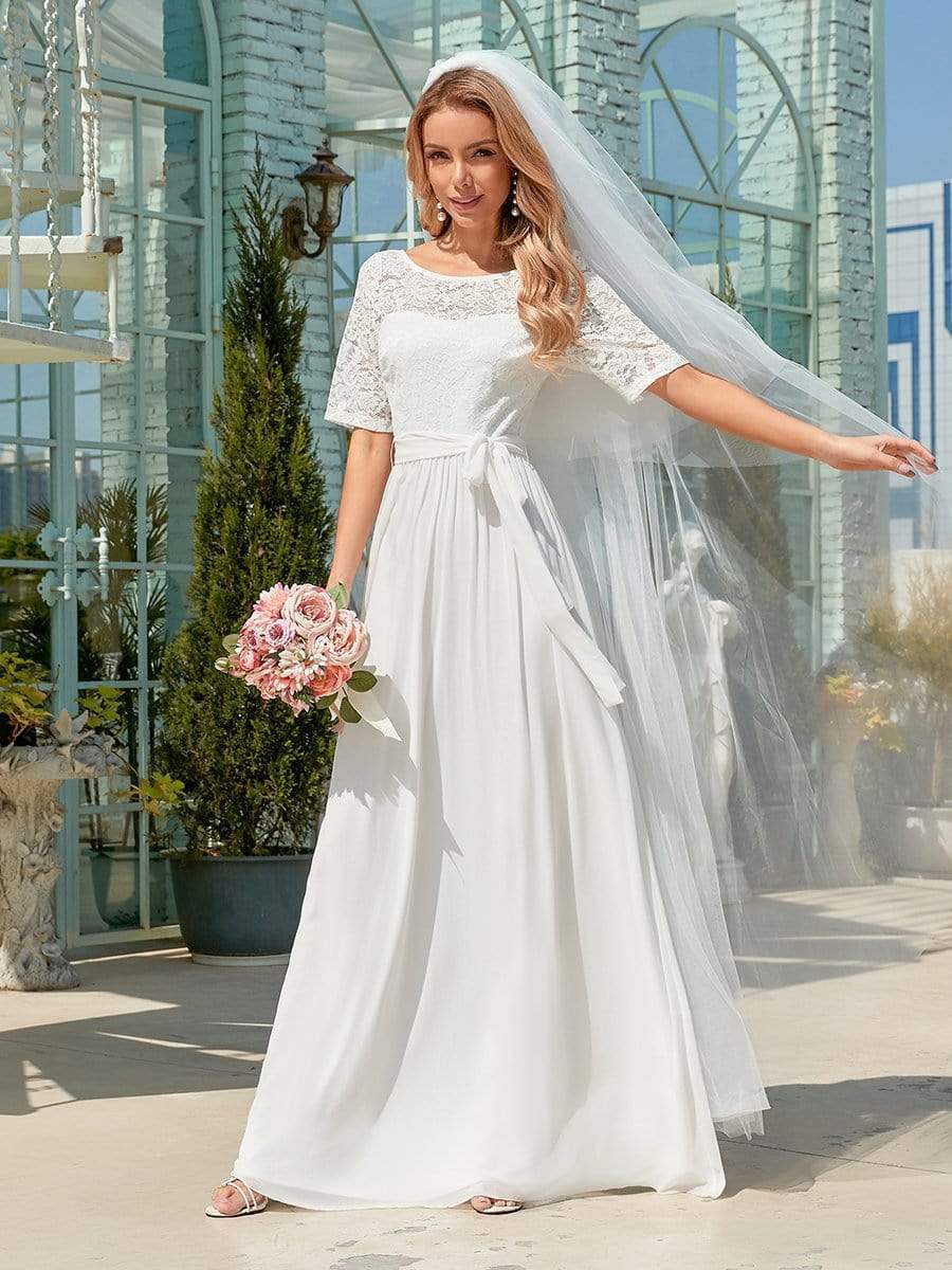 Simple Half Sleeves Chiffon Wedding Dress with Belt #color_White