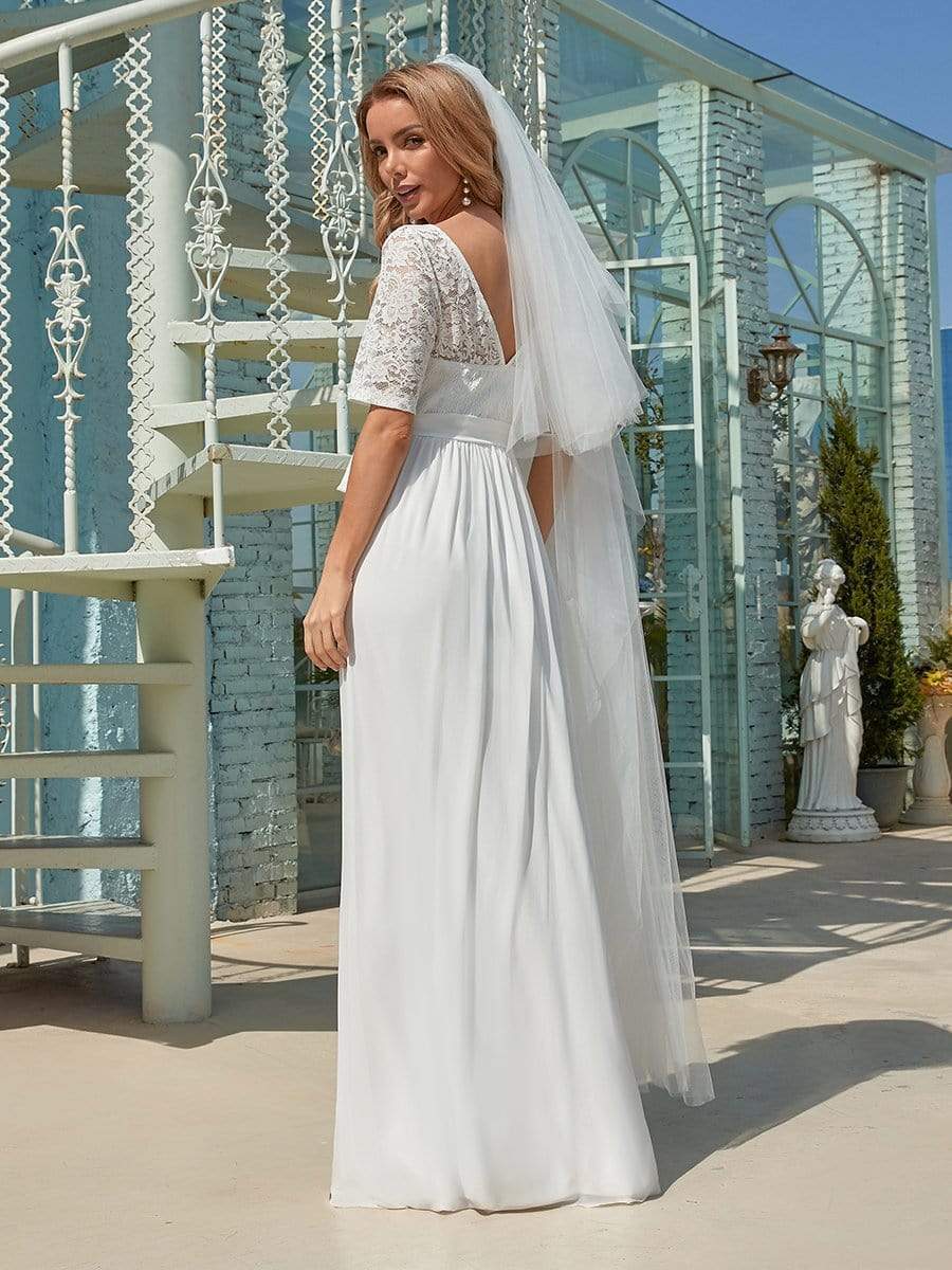 Simple Half Sleeves Chiffon Wedding Dress with Belt #color_White