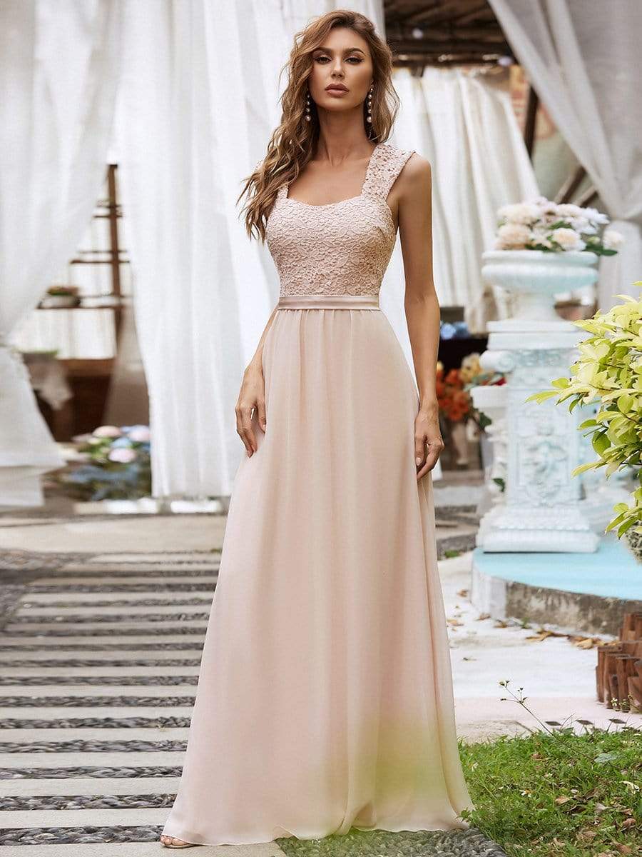 Custom Size Elegant A Line Long Chiffon Bridesmaid Dress With Lace Bodice #color_Blush