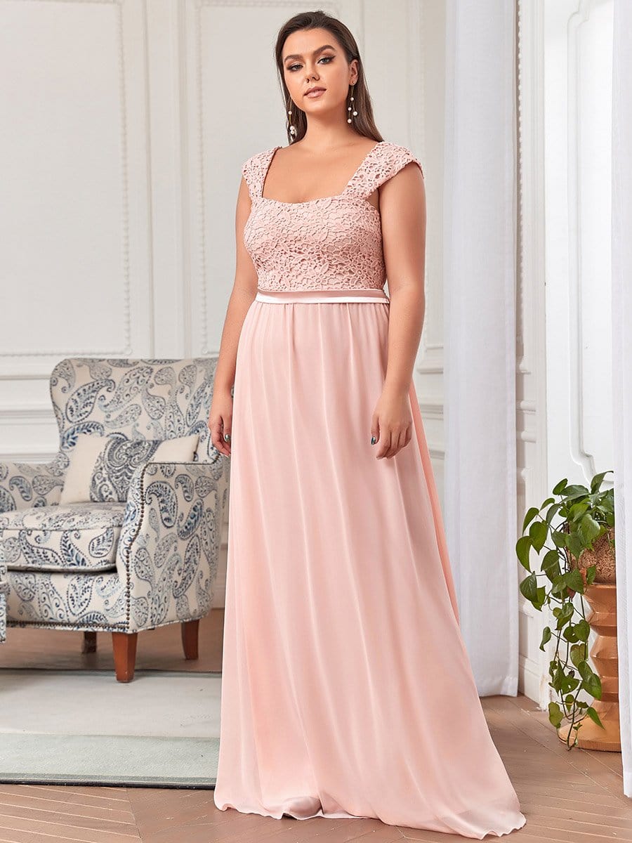 Plus Size Elegant A Line Long Chiffon Bridesmaid Dress With Lace Bodice