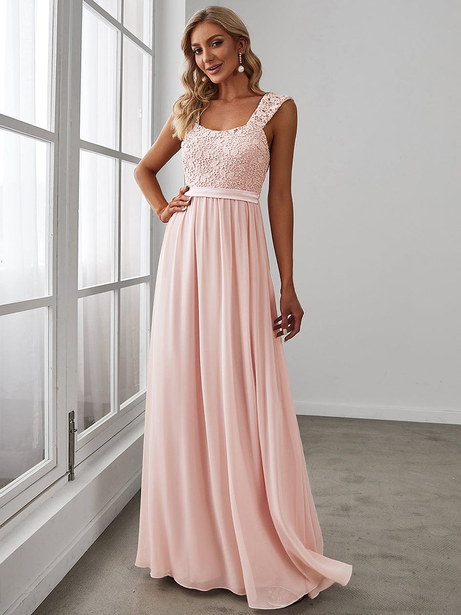 Elegant A Line Long Chiffon Bridesmaid Dress With Lace Bodice #color_Pink