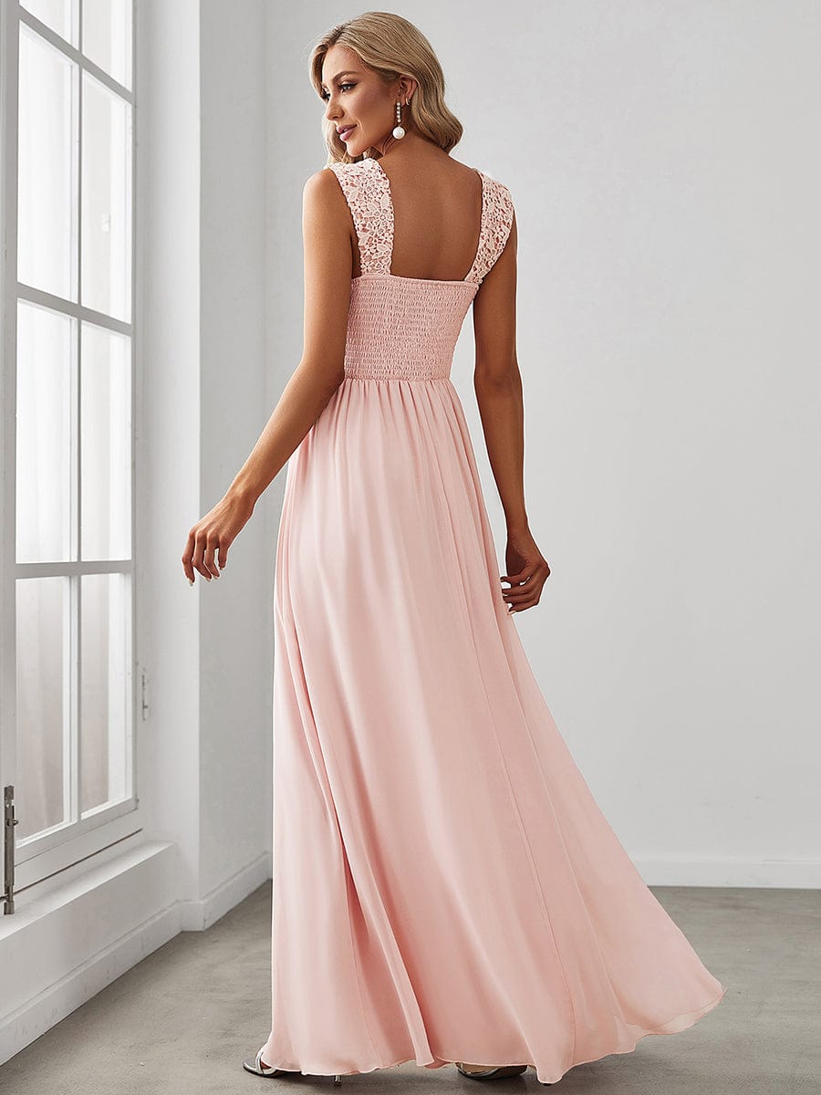 Custom Size Elegant A Line Long Chiffon Bridesmaid Dress With Lace Bodice #color_Pink