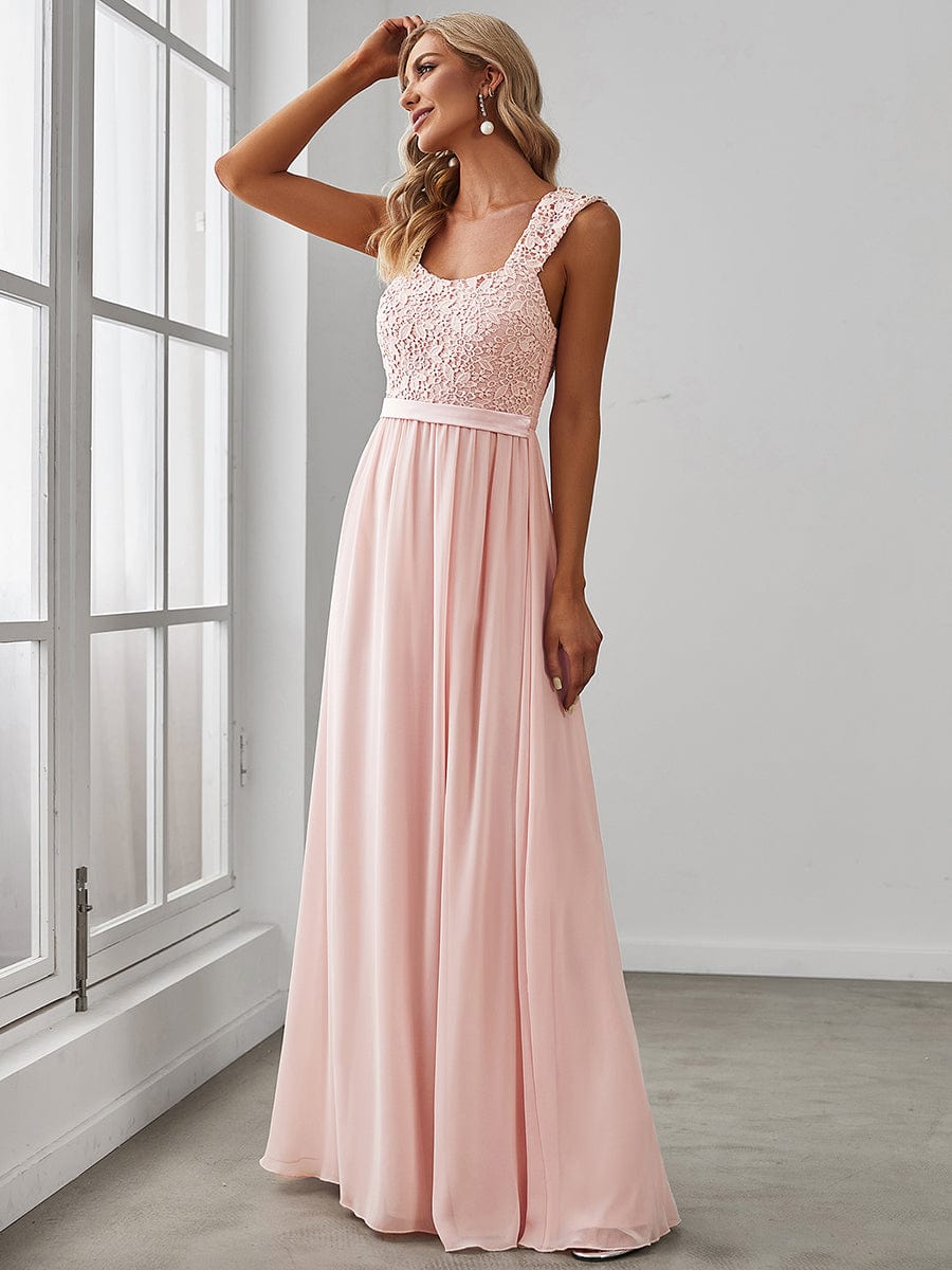 Elegant A Line Long Chiffon Bridesmaid Dress With Lace Bodice #color_Pink