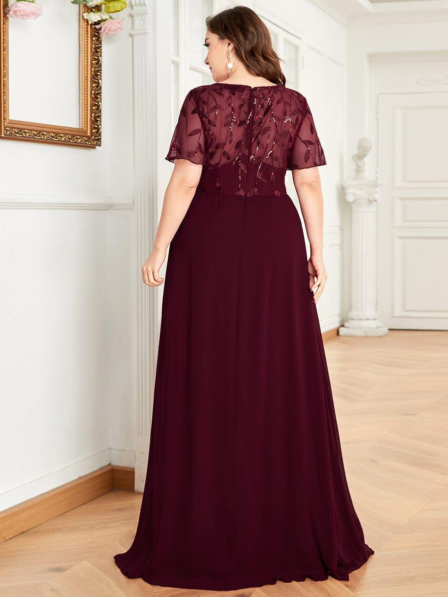 Plus Size Floral Sequin Print Evening Party Dresses with Cap Sleeve #color_Burgundy