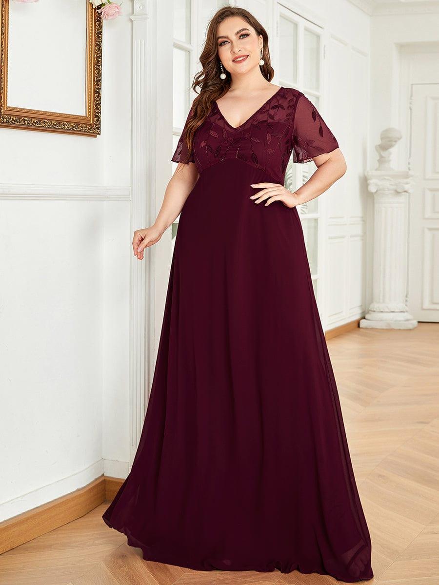 Plus Size Floral Sequin Print Evening Party Dresses with Cap Sleeve #color_Burgundy