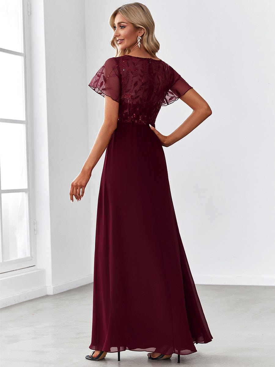 Sequin Print Evening Wedding Guest Dresses with Cap Sleeve #color_Burgundy