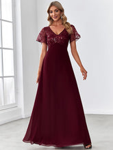 Sequin Print Evening Party Dresses for Women with Cap Sleeve #color_Burgundy