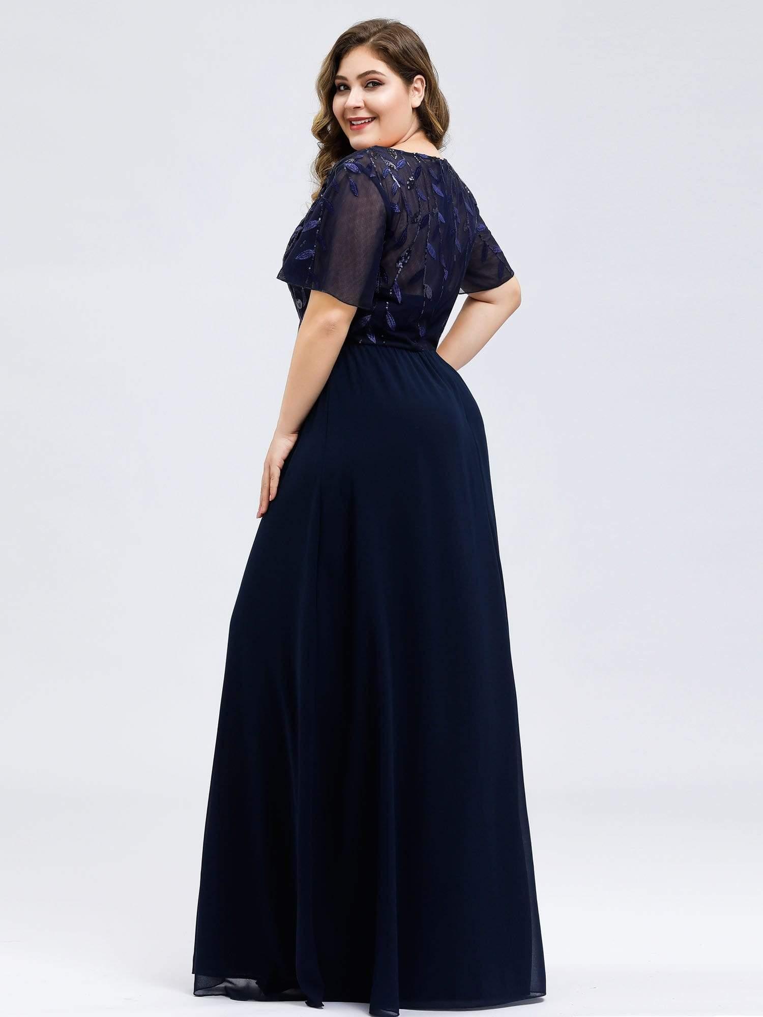 Plus Size Floral Sequin Print Evening Party Dresses with Cap Sleeve #color_Navy Blue