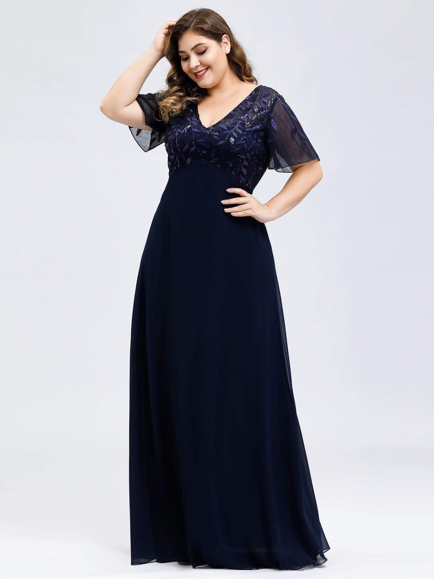 Plus Size Floral Sequin Print Evening Party Dresses with Cap Sleeve #color_Navy Blue