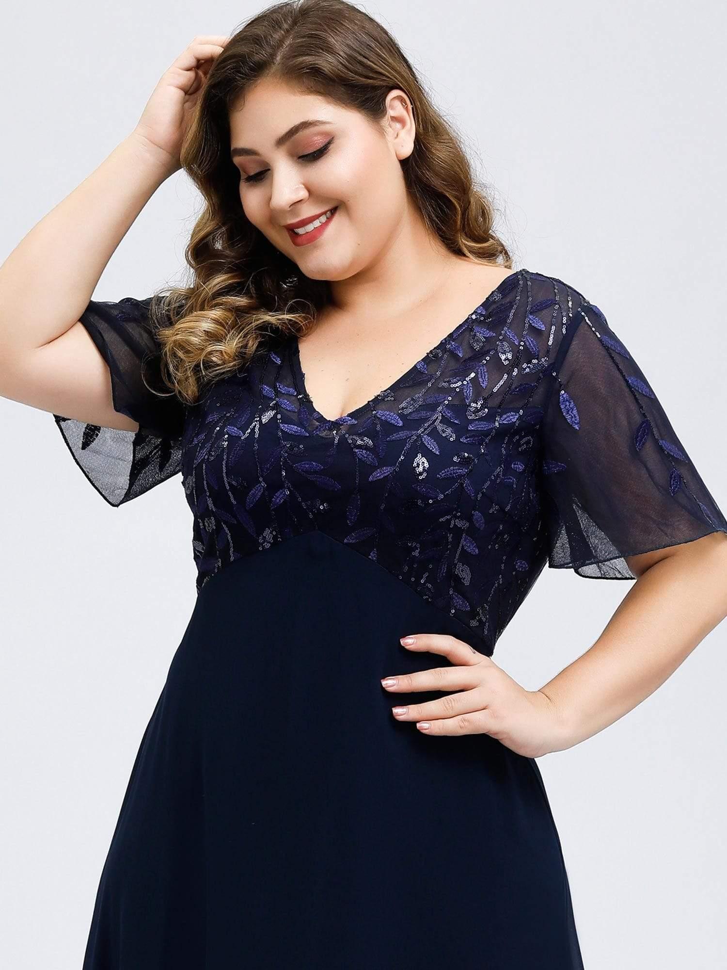 Plus Size Floral Sequin Print Evening Party Dresses with Cap Sleeve #color_Navy Blue