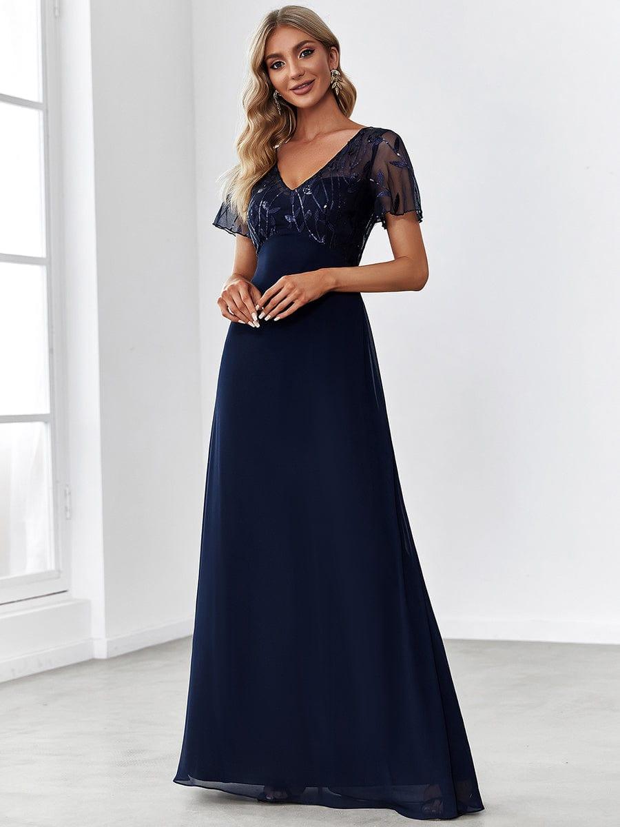 Sequin Print Evening Wedding Guest Dresses with Cap Sleeve #color_Navy Blue