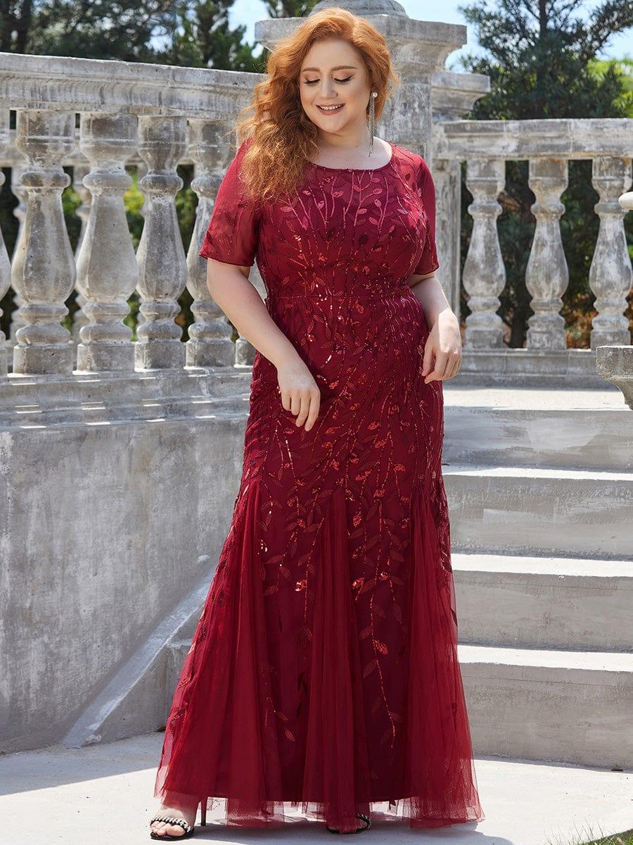Sequin Leaf Maxi Long Fishtail Tulle Prom Dress With Half Sleeve #color_Burgundy