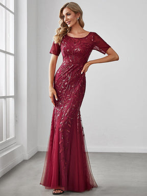 Sequin Leaf Maxi Long Fishtail Tulle Prom Dress With Half Sleeve