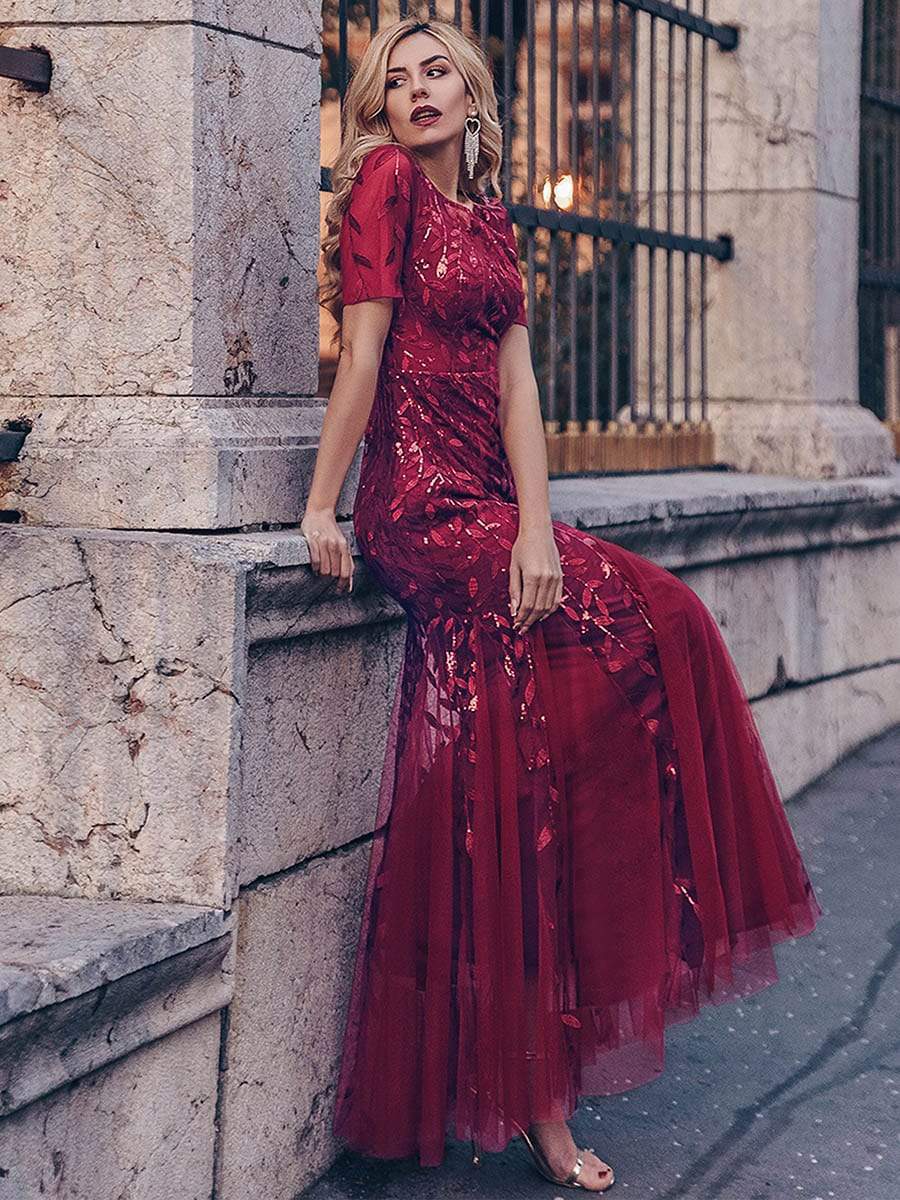 Custom Size Sequin Leaf Maxi Long Fishtail Tulle Prom Dresses With Half Sleeves #color_Burgundy