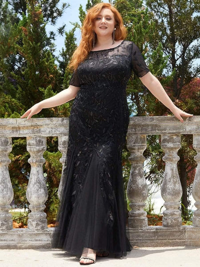 Plus Size Sequin Leaf Long Mermaid Tulle Prom Dress #color_Black