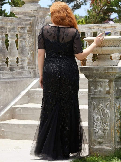 Plus Size Sequin Leaf Long Mermaid Tulle Prom Dress #color_Black