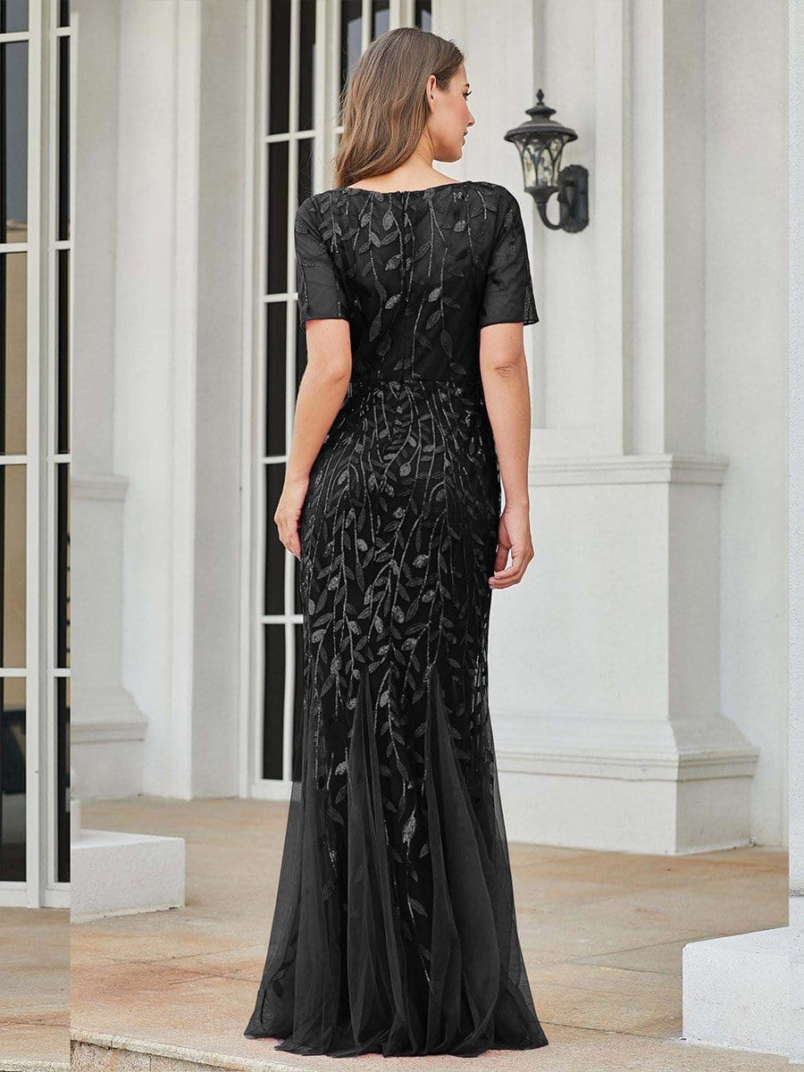 Custom Size Sequin Leaf Maxi Long Fishtail Tulle Prom Dresses With Half Sleeves #color_Black