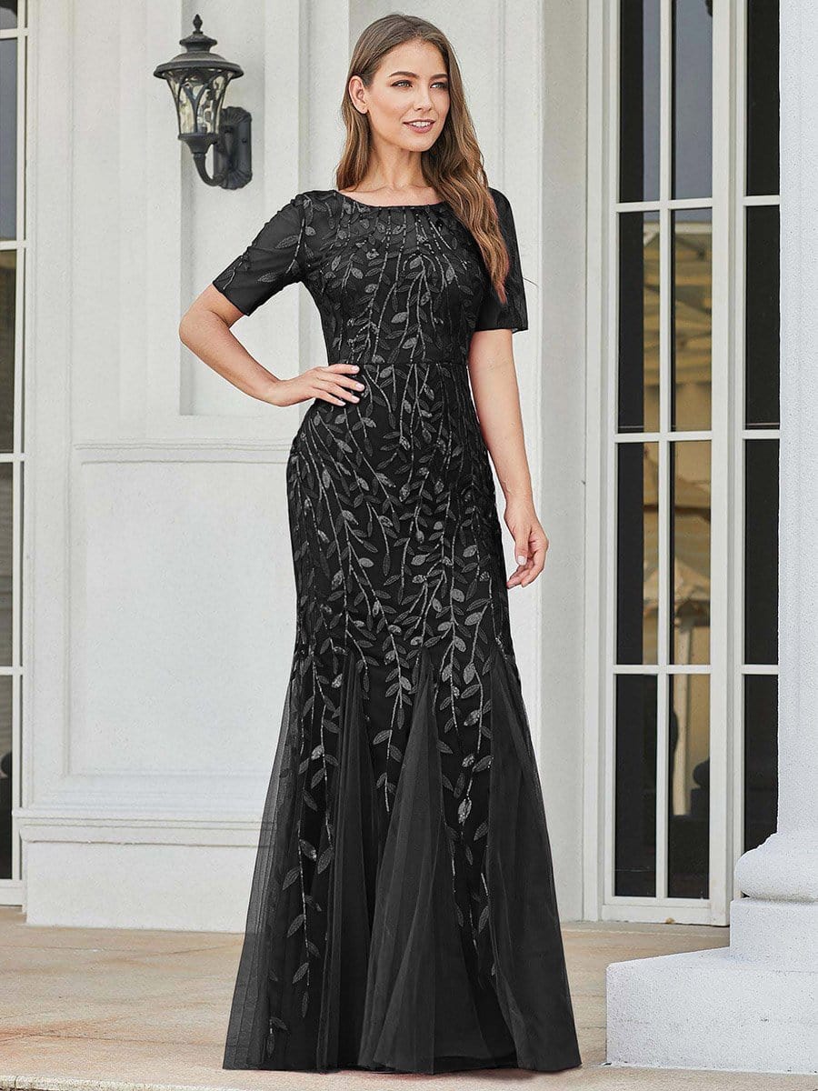 Custom Size Sequin Leaf Maxi Long Fishtail Tulle Prom Dresses With Half Sleeves #color_Black