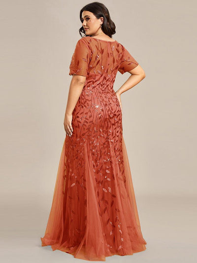 Plus Size Sequin Leaf Long Mermaid Tulle Prom Dress #color_Burnt Orange
