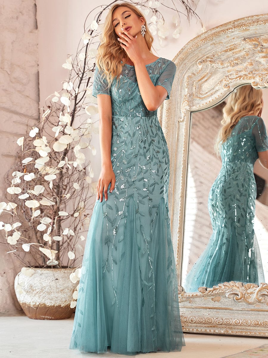 Custom Size Sequin Leaf Maxi Long Fishtail Tulle Prom Dresses With Half Sleeves