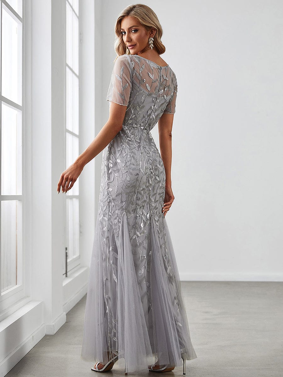 Custom Size Sequin Leaf Maxi Long Fishtail Tulle Prom Dresses With Half Sleeves #color_Grey