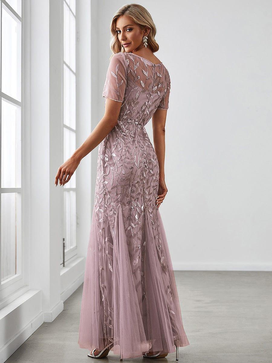 Sequin Leaf Maxi Long Fishtail Tulle Prom Dress With Half Sleeve #color_Lilac