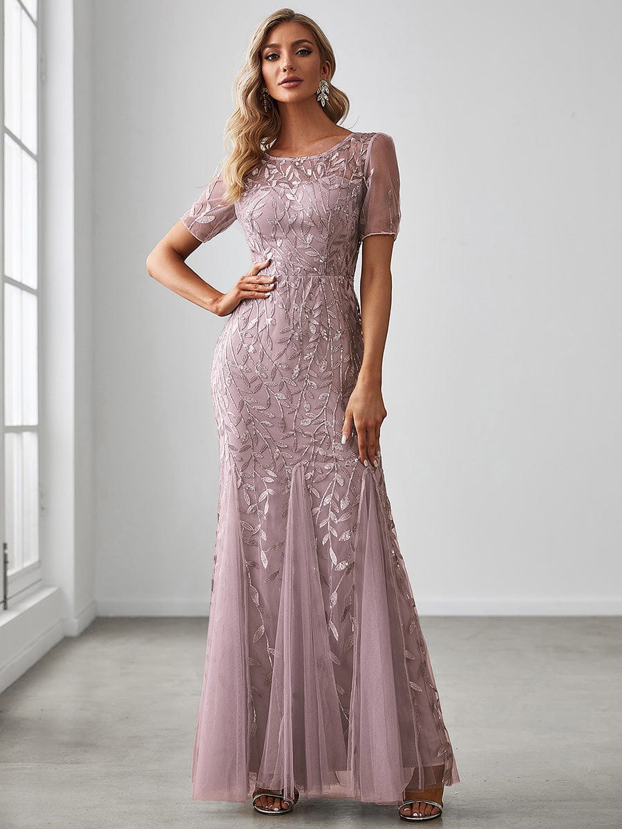 Sequin Leaf Maxi Long Fishtail Tulle Prom Dress With Half Sleeve #color_Lilac